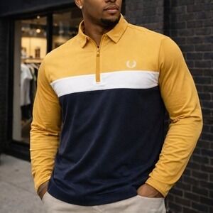 Fred Perry 1/4 Zip Long Sleeve Shirt Men's Large Colorblock Wreath Logo